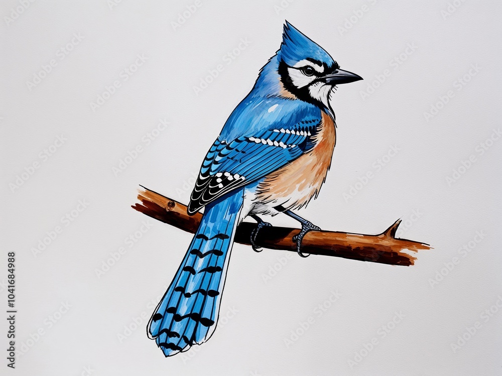 Wall mural blue jay hand drawn painted painting illustration on plain white background