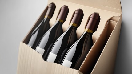 Four Wine Bottles Securely Packed in a Cardboard Box with Protective Inserts for Safe Shipping