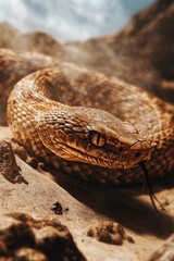 Obraz premium Close-up image of a snake on a rocky surface, useful for wildlife or nature-themed designs