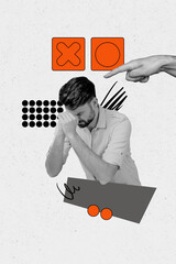 Vertical creative art collage of upset man cry boss hand point out dismissal pressure abuse fail...