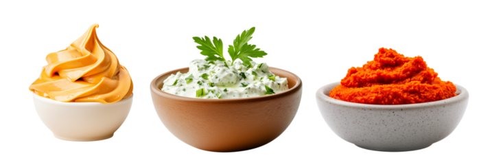 Creamy mayonnaise, mustard and red pepper paste garnished with fresh green herbs, making it perfect for dips or sauces, isolated on white transparent background.
