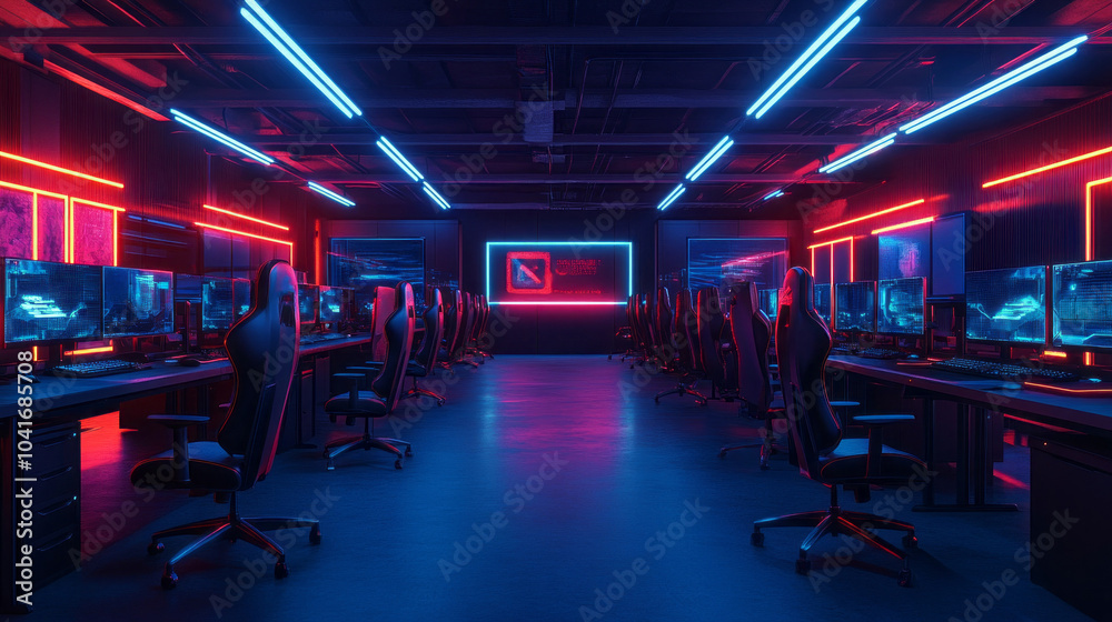 Poster a neon lit room with many computer monitors and chairs