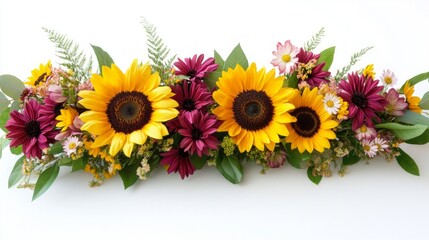 Obraz premium A colorful floral arrangement featuring sunflowers and daisies set on a clean white backdrop.