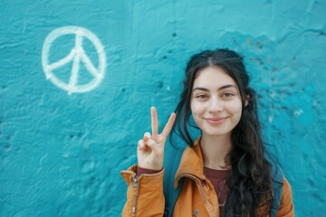 A woman stands in front of a blue wall with a peace sign painted on it