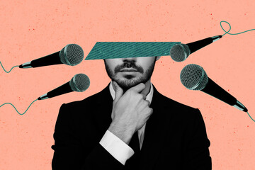 Composite photo collage of serious businessman conference meeting half face think answer mic...