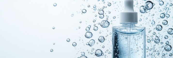 Refreshing splash of water droplets surrounding a crystal-clear glass bottle, evoking purity and hydration in a serene aquatic environment. Perfect for beauty and skincare concepts.