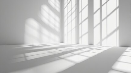 Obraz premium Sunlight streams through large windows, casting intricate shadow patterns on the pristine white floor and walls of an empty, minimalist interior space.