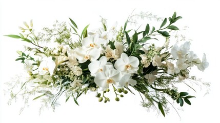 Obraz premium A minimalist bouquet of white orchids and green foliage, isolated on a white background