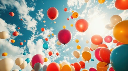 Fototapeta premium A colorful array of balloons being released into the sky, as if they are hopping away with excitement.
