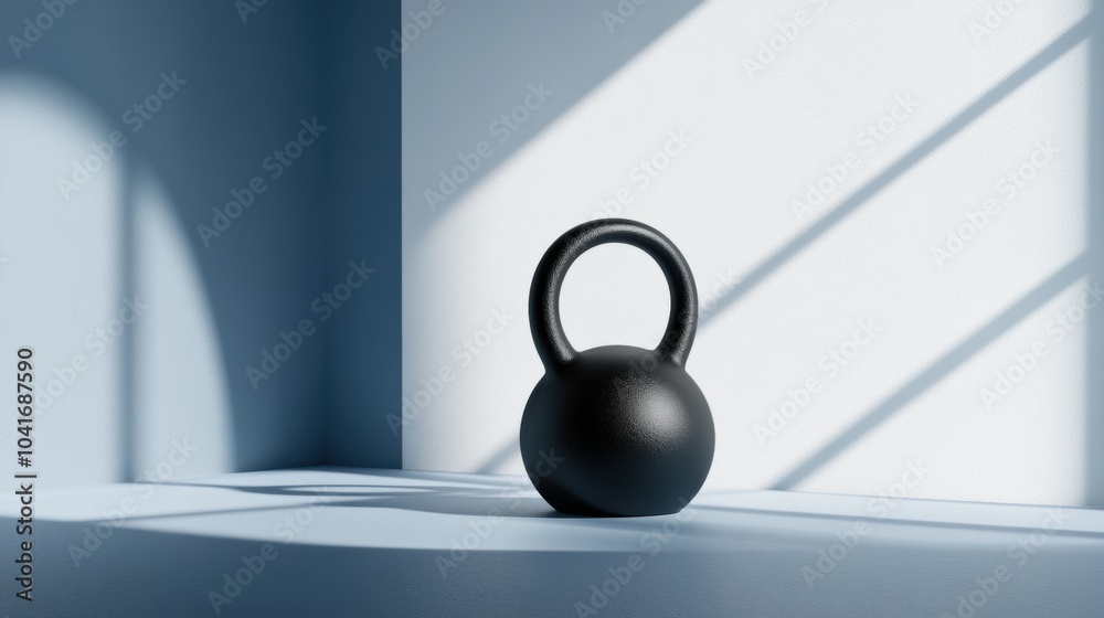 Poster a sleek black kettlebell stands on a light blue surface, bathed in natural sunlight with gentle shad