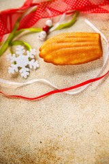 Madeleine, sweet biscuit dessert Christmas cookie delicious Christmas treat Fresh delicious gourmet food background on the table rustic food top view copy space