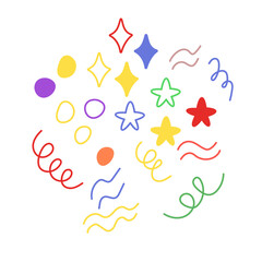 Graphic elements set in trendy colors, star, oval spiral, hand drawn abstract shapes. Vector