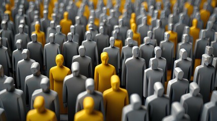 Obraz premium A yellow figure stands out among a crowd of gray figures, symbolizing uniqueness, leadership, and talent.