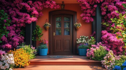 A colorful front door surrounded by blooming flowers and a welcoming porch.