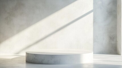 Minimalist product display podium in sunlit room with concrete walls, creating dramatic shadows and highlighting sleek, modern aesthetic design.