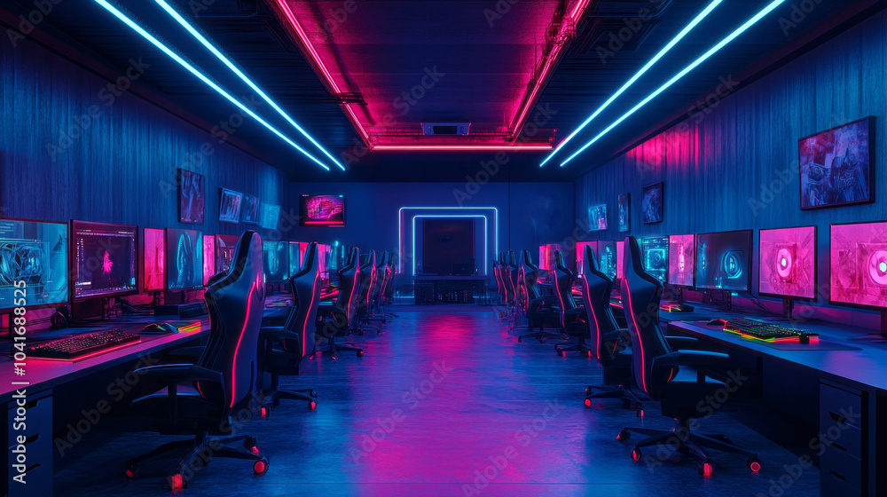 Poster a brightly lit room with neon lights and a large number of computer monitors
