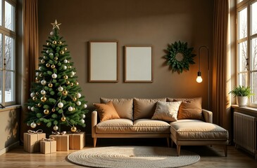 Boho brown Christmas livingroom with dark green elements and decorated big Christmas tree, frames and gift