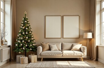 Light beige Christmas livingroom with white elements and decorated big Christmas tree, frames and gift. Christmas interior 