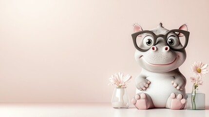 Fototapeta premium Baby hippo wearing oversized glasses, sarcastic smirk, 3D office setting with colorful details, playful vibe