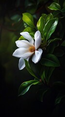 A single white magnolia flower blooms on a branch, with green leaves surrounding it, against a dark background.