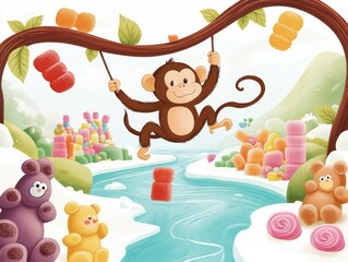 Fototapeta premium A cheerful monkey swings on vines over a river, surrounded by colorful gummy bears and candy in a whimsical landscape, Illustration