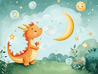 Obraz premium A playful baby dragon blowing bubbles in a whimsical night sky filled with stars and a smiling crescent moon, Illustration