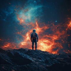 Fototapeta premium An astronaut stands on an alien planet as fiery cosmic phenomena light up the universe with a sense of wonder.