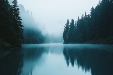 A tranquil lake mirrors towering trees shrouded in fog, creating a peaceful, ethereal landscape of natural beauty.