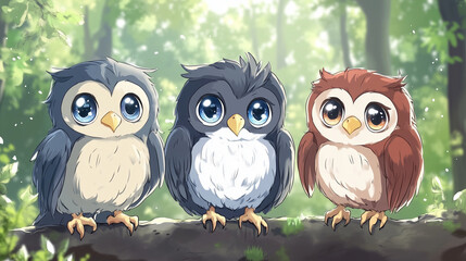 Fototapeta premium Cute and adorable Owl Pose collection, anime style