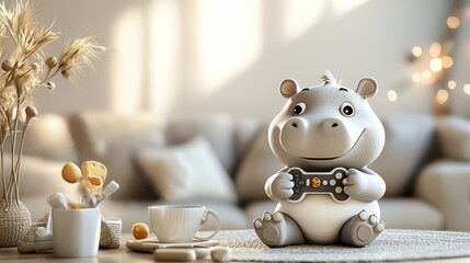 Sarcastic baby hippo playing video games, 3D cartoon style, cozy living room setting with bold colors