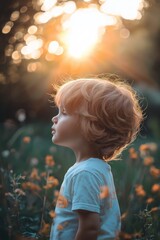 A young child with curly hair stands in a sunlit meadow, enraptured by the golden glow of blooming flowers.