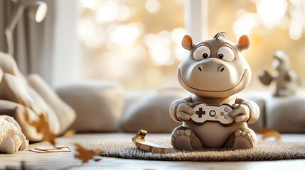 Sarcastic baby hippo playing video games, 3D cartoon style, cozy living room setting with bold colors