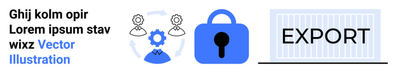 Blue lock, export container, gear connecting three heads symbol. Ideal for security, export, logistics, teamwork, product design. Landing page