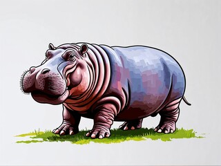 Hippopotamus hand drawn painted painting illustration on plain white background