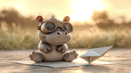 Snarky baby hippo in aviator goggles, flying a paper plane, exaggerated 3D cartoon style, sunset sky backdrop