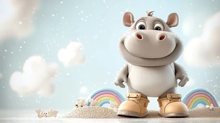 Snarky baby hippo in oversized boots, standing on a hill, 3D cartoon style, playful landscape with rainbows