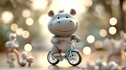 Snarky baby hippo on a bicycle, exaggerated 3D cartoon style, vibrant city park backdrop with playful details