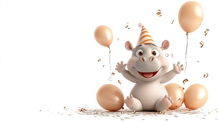 Snarky baby hippo surrounded by balloons, party hat, 3D cartoon style with vivid colors, sarcastic expression