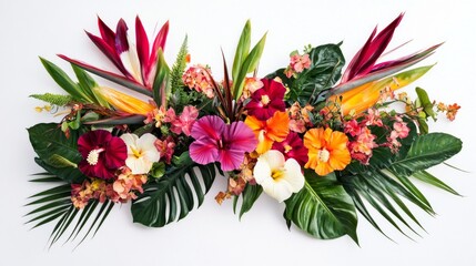 A vibrant bouquet of mixed flowers with roses, lilies, and carnations against a plain white background.
