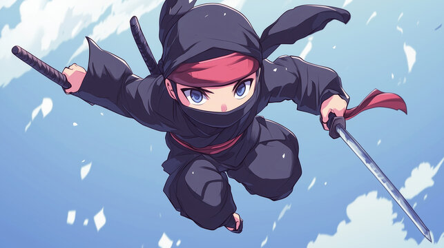 A cute, small version of a ninja character, leaping through the air with tiny weapons, Anime style