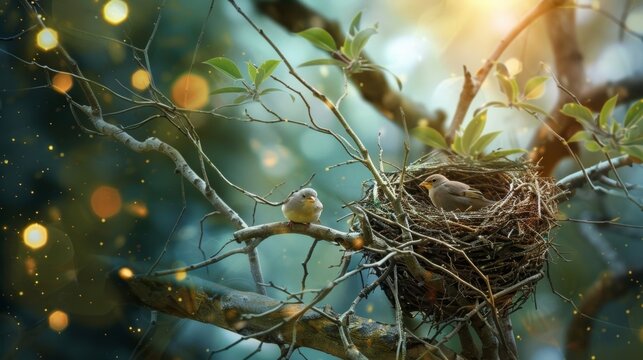 A family of birds nests in a tree signifying the connection between quantum particles and the larger universe.