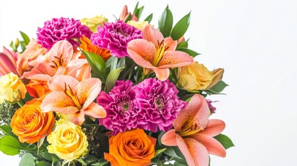 A vibrant bouquet of mixed flowers with roses, lilies, and carnations against a plain white background.