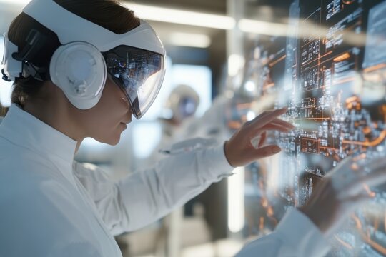 A technician wearing a futuristic headset interacts with holographic displays, symbolizing the intersection of augmented reality and technological advancement.
