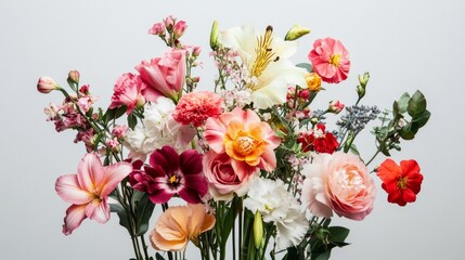 A vibrant bouquet of mixed flowers with roses, lilies, and carnations against a plain white background.