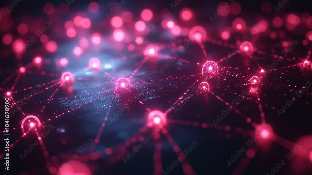 Aufkleber A captivating display of a digital network showcases glowing red nodes interconnected by radiant lines of light against a dark background, emphasizing technological complexity.