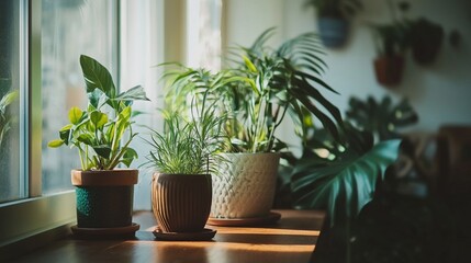 Lush indoor garden oasis: Diverse potted plants adorn a sunlit windowsill, creating a serene green sanctuary. Textured pots add visual interest to the natural scene.