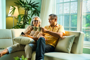 Indian couple in fifties enjoying a relaxing tea or coffee moment by a bright window in the morning