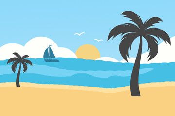 Summer background sunset beach. Sea, yacht and a palm tree. Modern flat design.