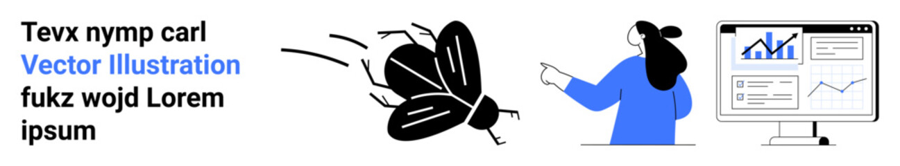 Person pointing at a computer screen displaying charts and graphs. Black and blue modern design. Ideal for business analytics, data presentation, market analysis, growth tracking, report dashboards