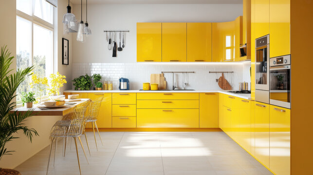 Bright and cheerful kitchen with yellow cabinets and modern decor, filled with natural light